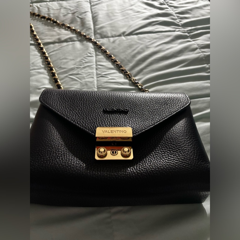 Valentino Black and Gold Crossbody Bag with Chain Strap